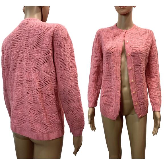 70s Granny Cardigan Pink/Salmon Open Knit Floral Sweater | S - Picture 6 of 12